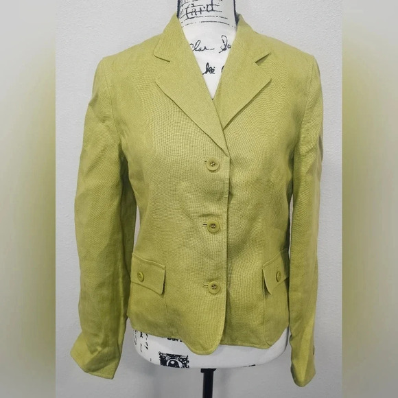 Talbots Womens Blazer Jacket Irish Linen Button Green Spring Summer Size 4 - Picture 1 of 14